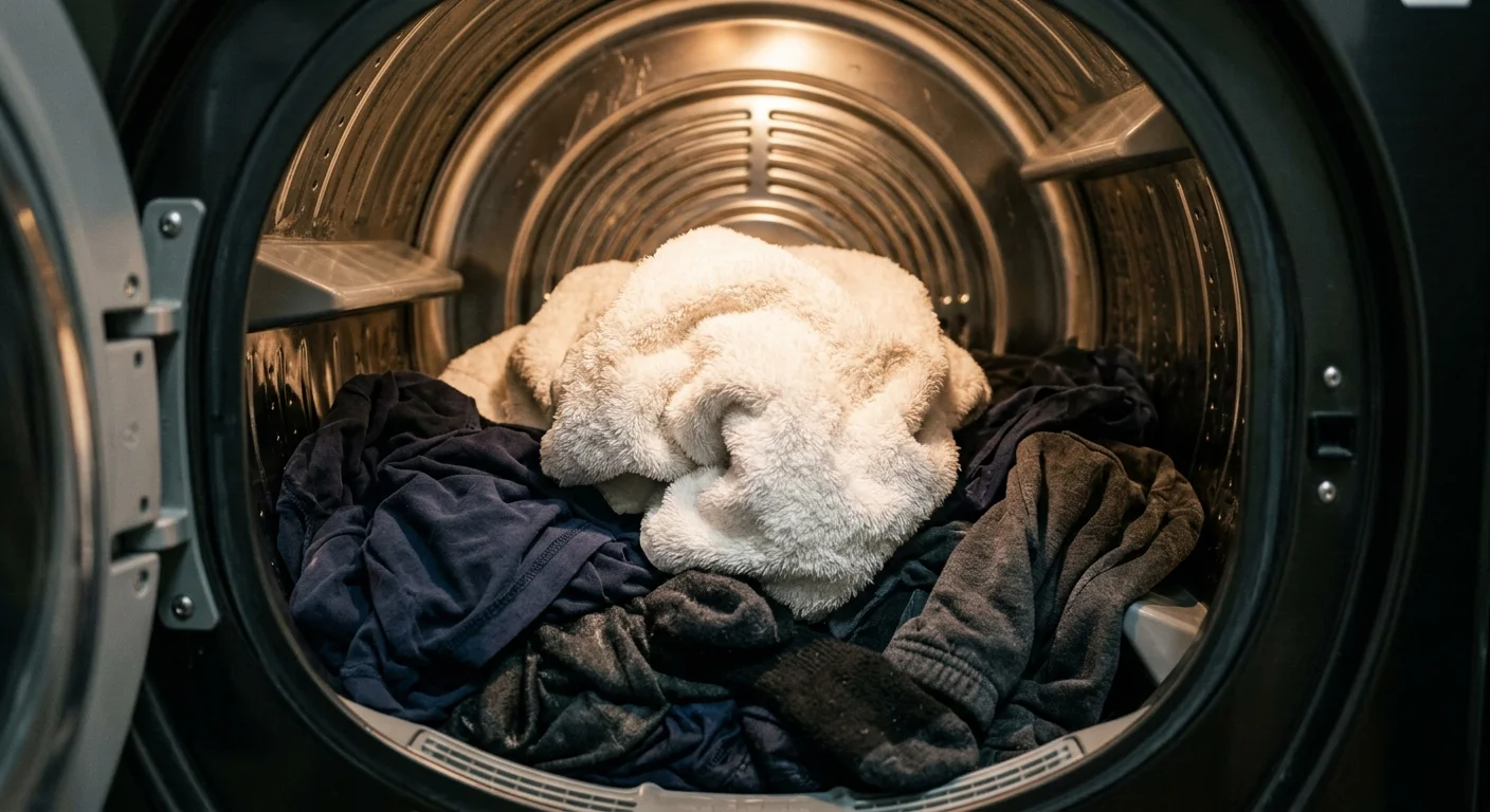 Photo of a fluffy, dry white towel mixed with wet dark clothes inside an open dryer drum, illuminated by a warm internal light.