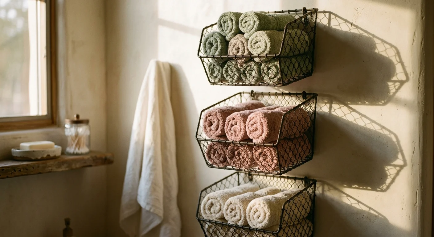 Three vertical iron wire baskets mounted on a plaster wall, filled with neatly rolled pastel washcloths.