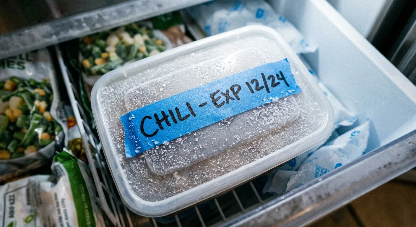 Top-down view of a frozen food container labeled with blue masking tape reading 'CHILI - EXP 12/24'.