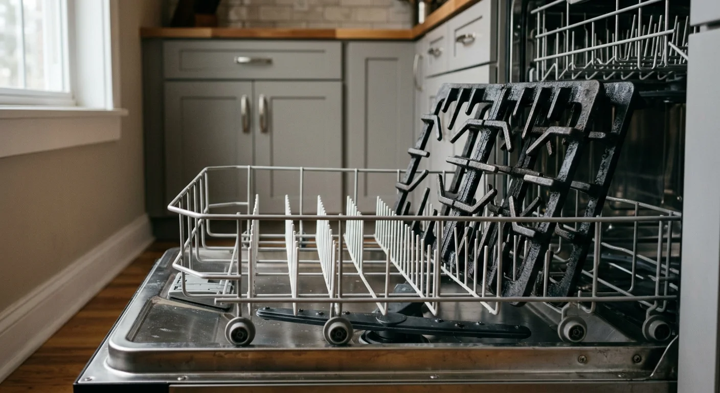 Two heavy cast-iron gas stove grates arranged carefully on the bottom rack of an open dishwasher.
