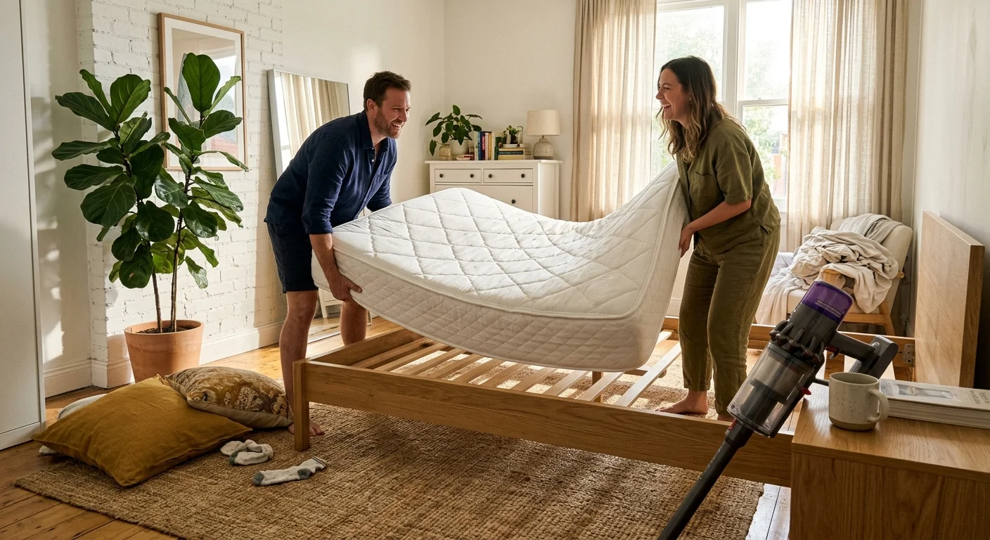 Two people in casual clothes rotating a sheetless queen mattress on a wooden bed frame in a sunlit bedroom.