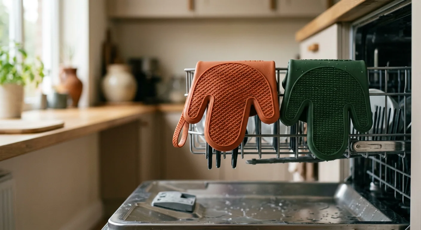 Vibrant orange and green silicone oven mitts placed upside down over the prongs of a dishwasher rack.