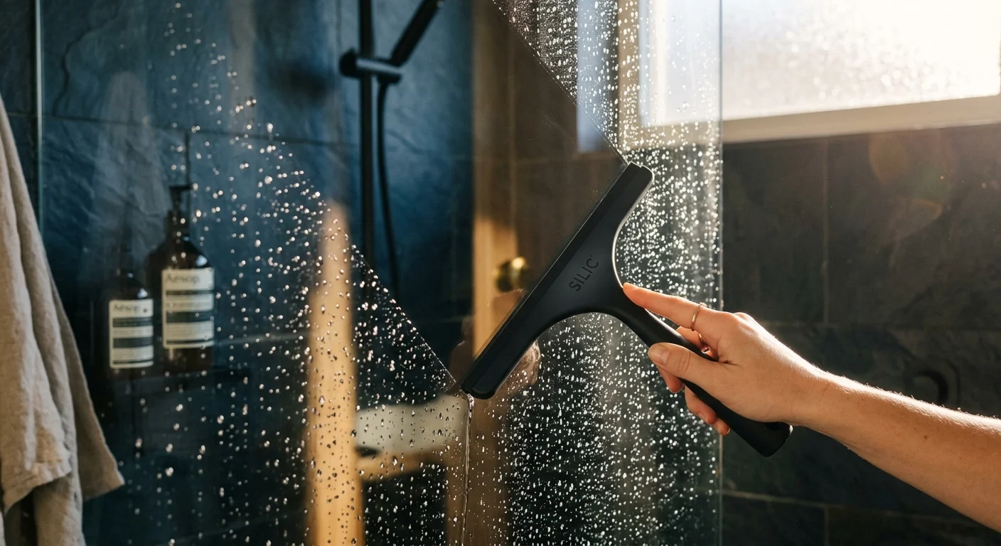 Warm photo of a hand using a black silicone squeegee to clear water droplets off a glass shower door.