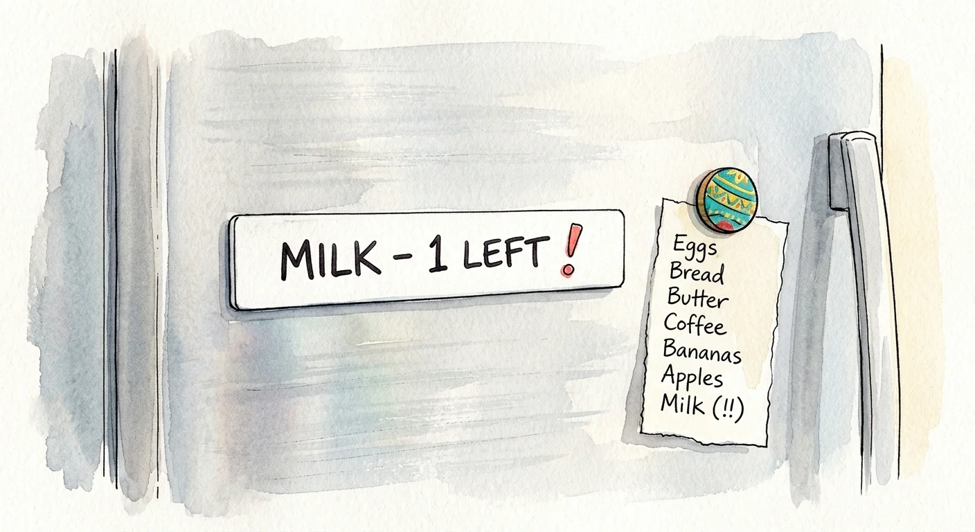 Watercolor drawing of a magnetic whiteboard strip on a stainless steel fridge reading 'MILK - 1 LEFT'.