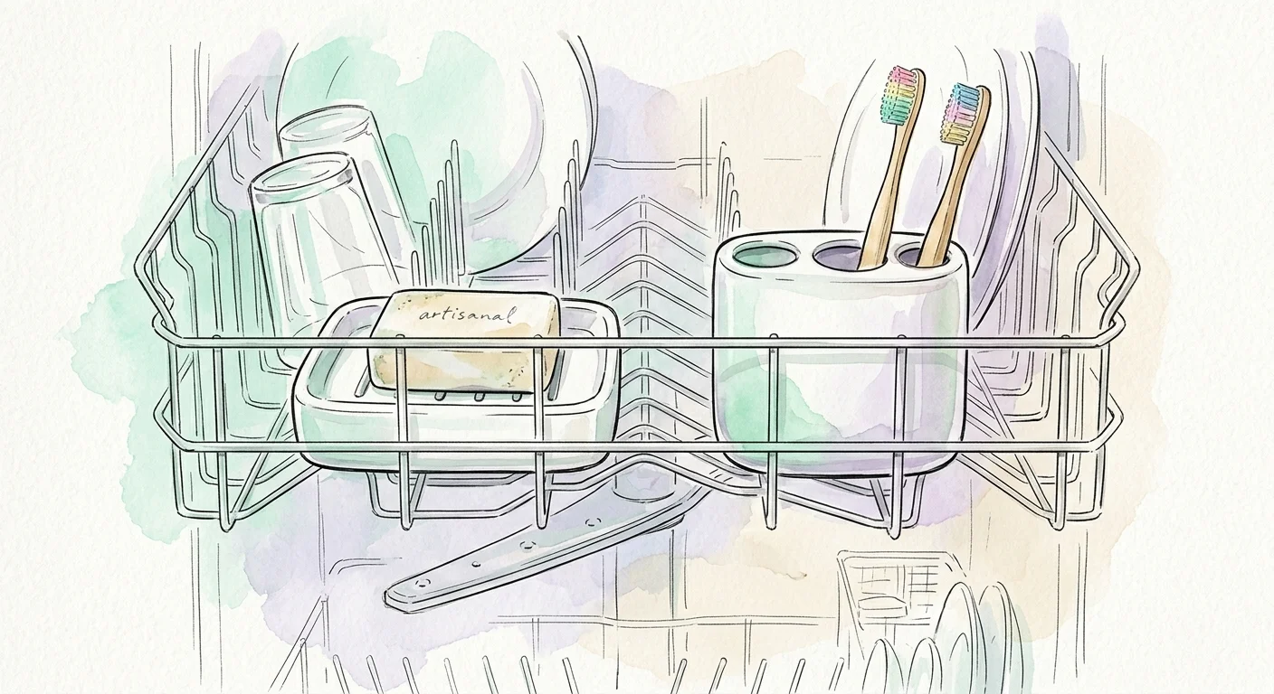 Watercolor drawing of a white ceramic soap dish and toothbrush holder on a dishwasher rack.