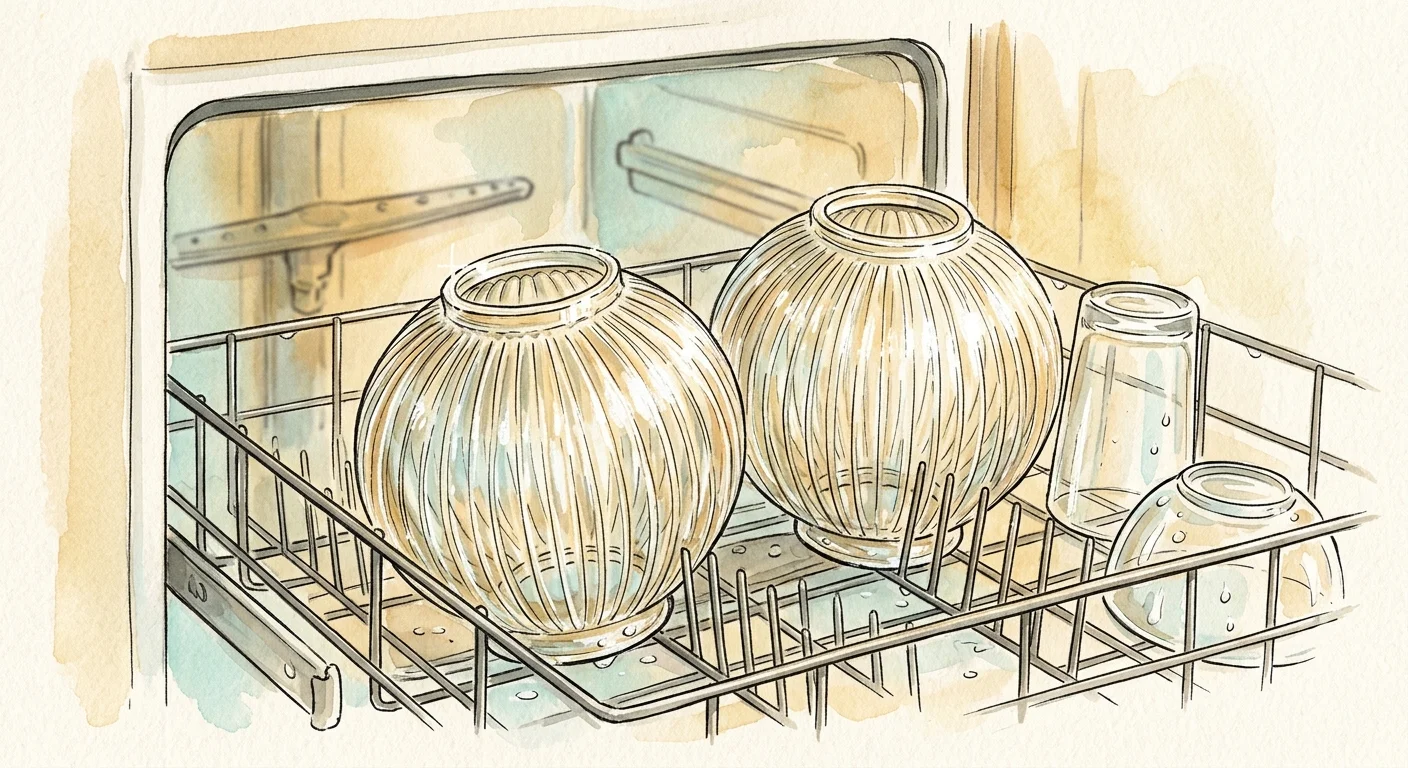 Watercolor drawing of two ribbed glass light globes sitting sparkling clean in a dishwasher rack.