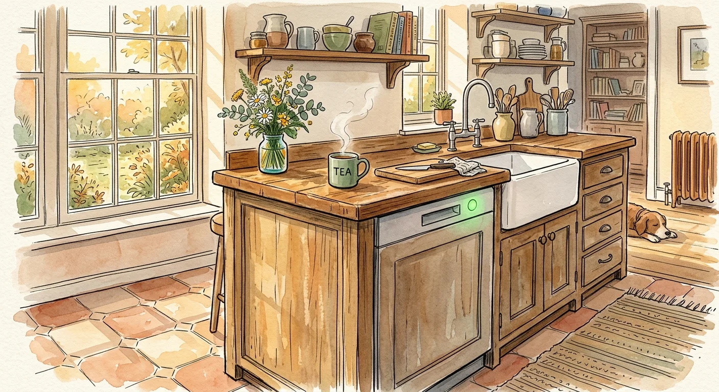 Watercolor illustration of a cozy, sunlit kitchen with a dishwasher running quietly under the counter near a warm cup of tea.