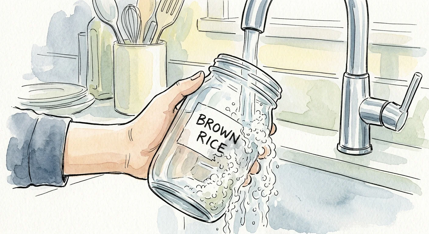 Watercolor illustration of a glass jar under running water as its paper label easily dissolves away.