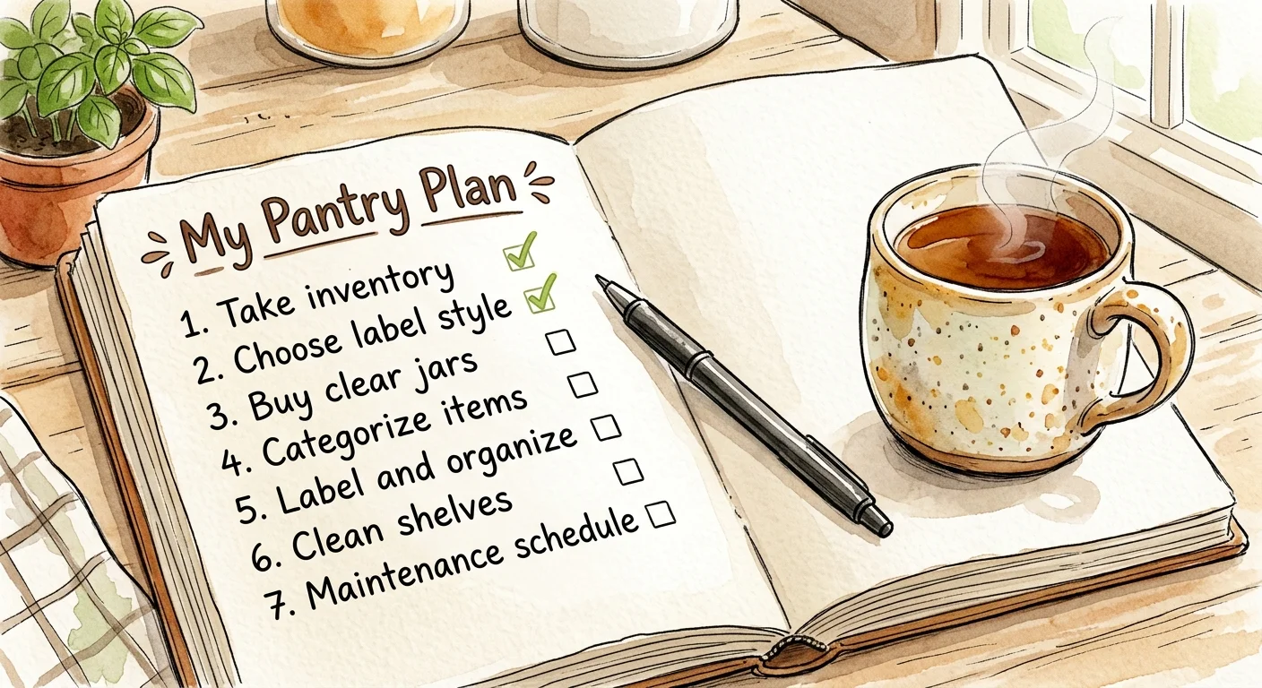 Watercolor illustration of an open journal on a table showing a 'My Pantry Plan' checklist next to a warm mug.