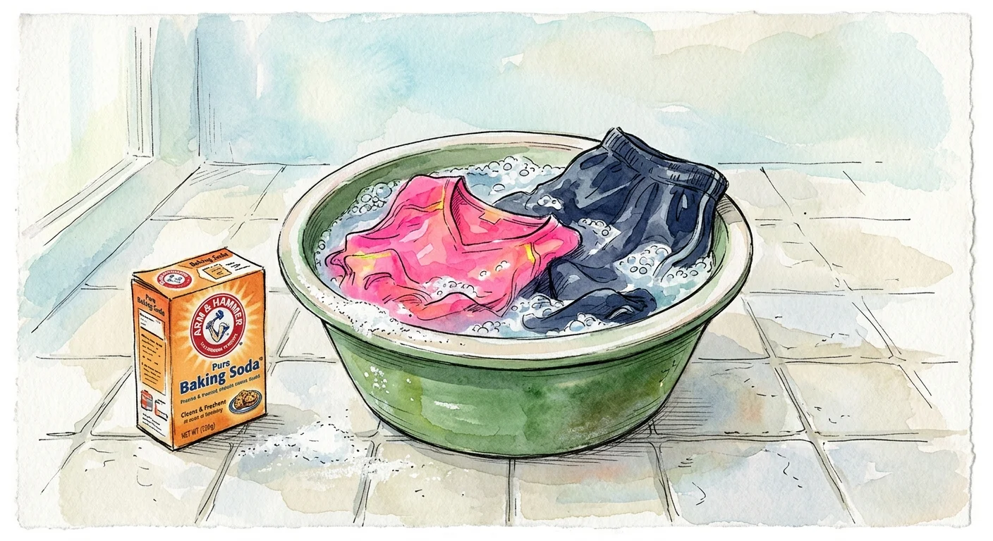 Watercolor illustration of bright workout clothes soaking in a basin next to an orange box of baking soda.