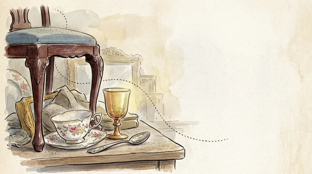 Watercolor illustration of classic antique items like a teacup, glass goblet, and silver spoon in a dusty, nostalgic setting.