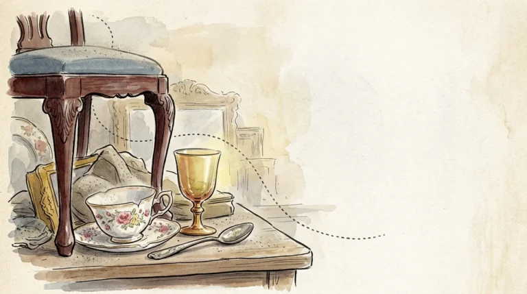 Watercolor illustration of classic antique items like a teacup, glass goblet, and silver spoon in a dusty, nostalgic setting.