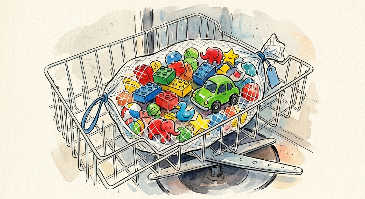 Watercolor illustration of colorful plastic toy blocks inside a mesh bag on a dishwasher rack.