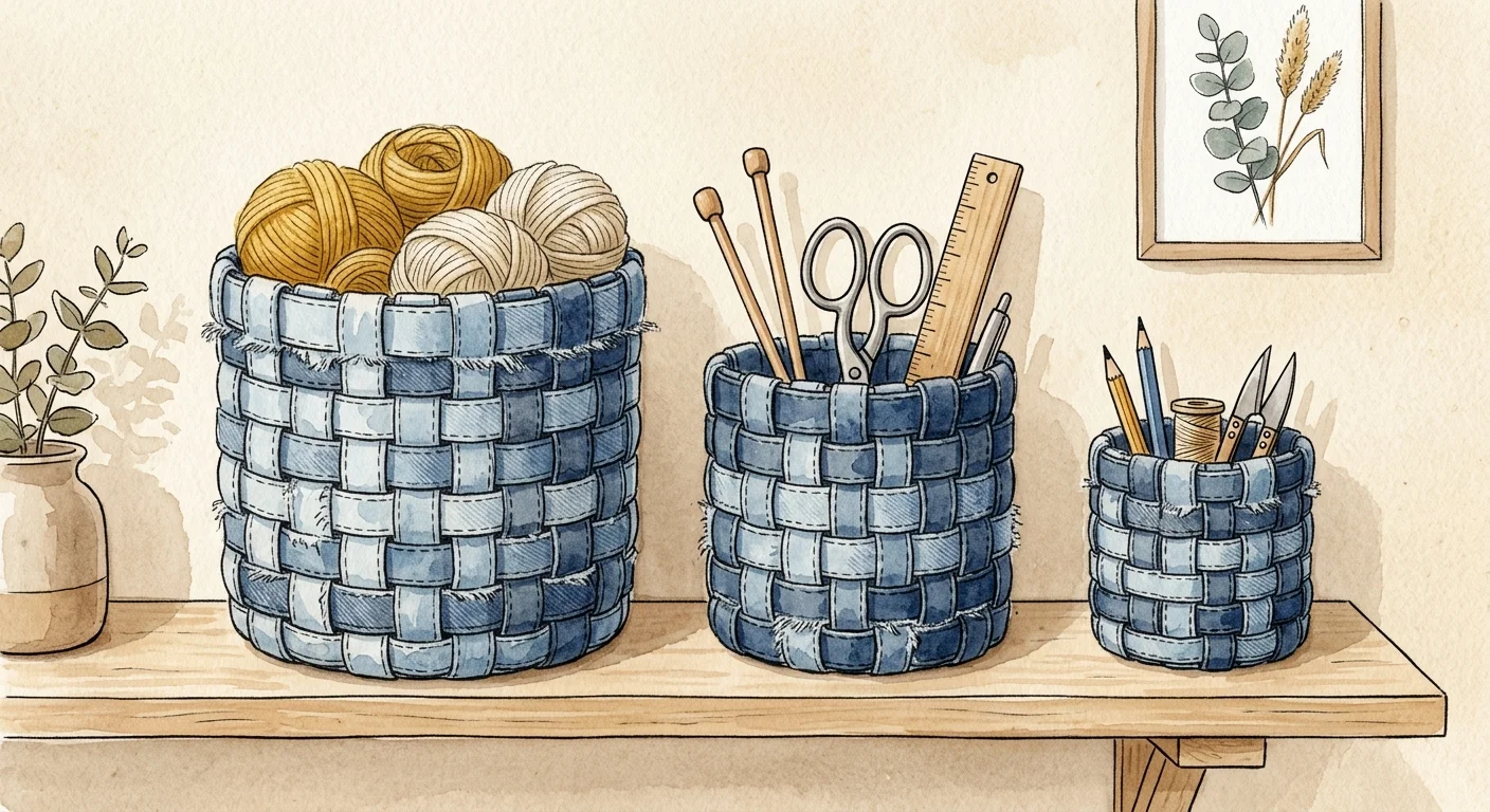 Watercolor illustration of three woven denim storage baskets holding yarn and craft supplies on a light wood shelf.