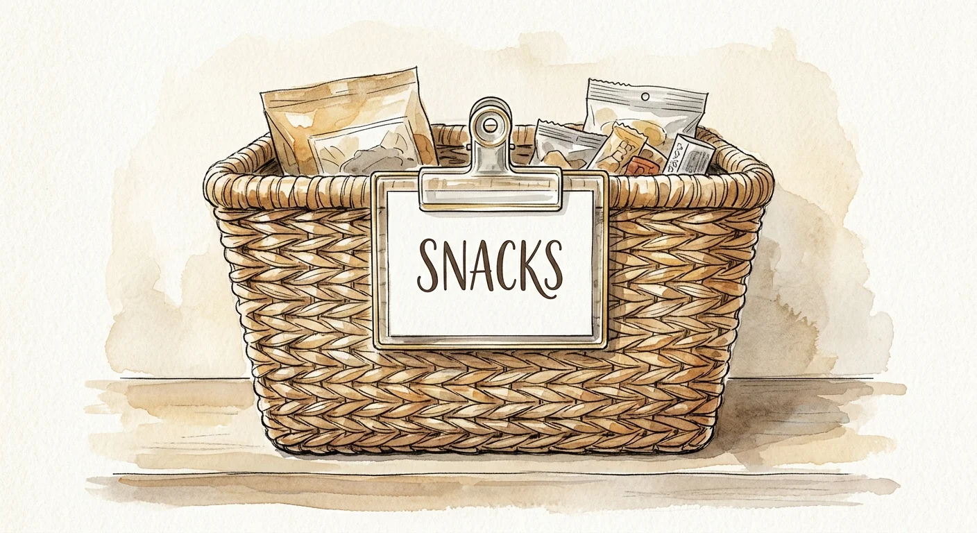 Watercolor sketch of a woven wicker basket featuring a clear clip-on label holder with a card reading 'SNACKS'.
