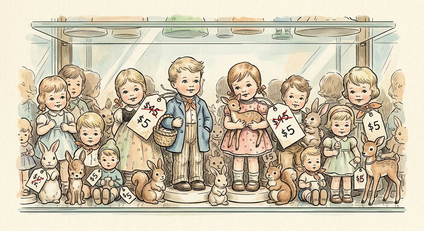 Watercolor sketch of collectible porcelain figurines on a glass shelf with marked-down price tags.