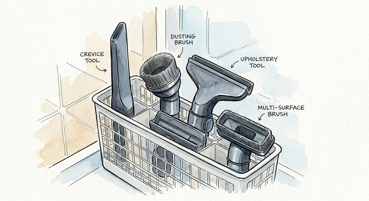 Watercolor sketch of plastic vacuum cleaner attachments sitting in a dishwasher utensil basket.