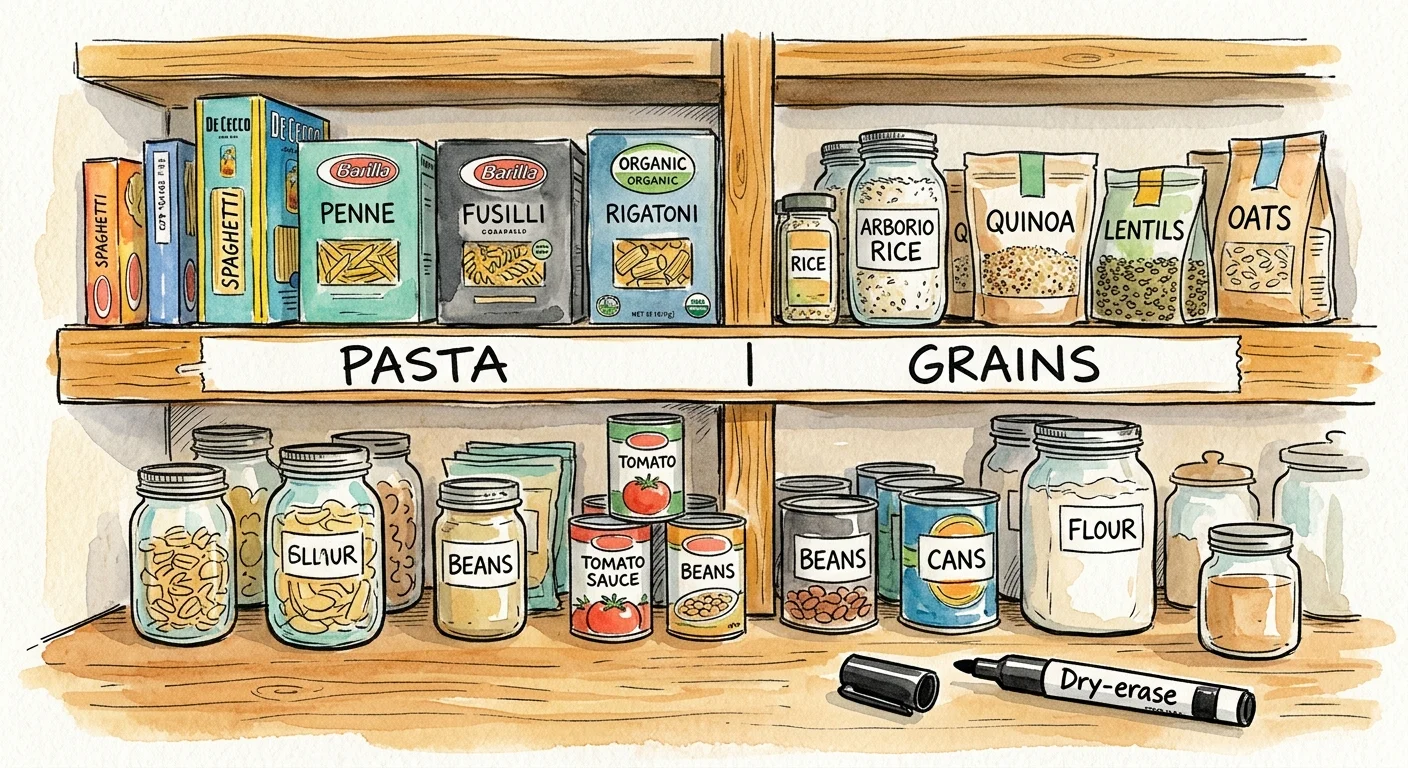 Watercolor sketch of wooden pantry shelves with dry-erase tape along the edges labeling 'PASTA' and 'GRAINS'.