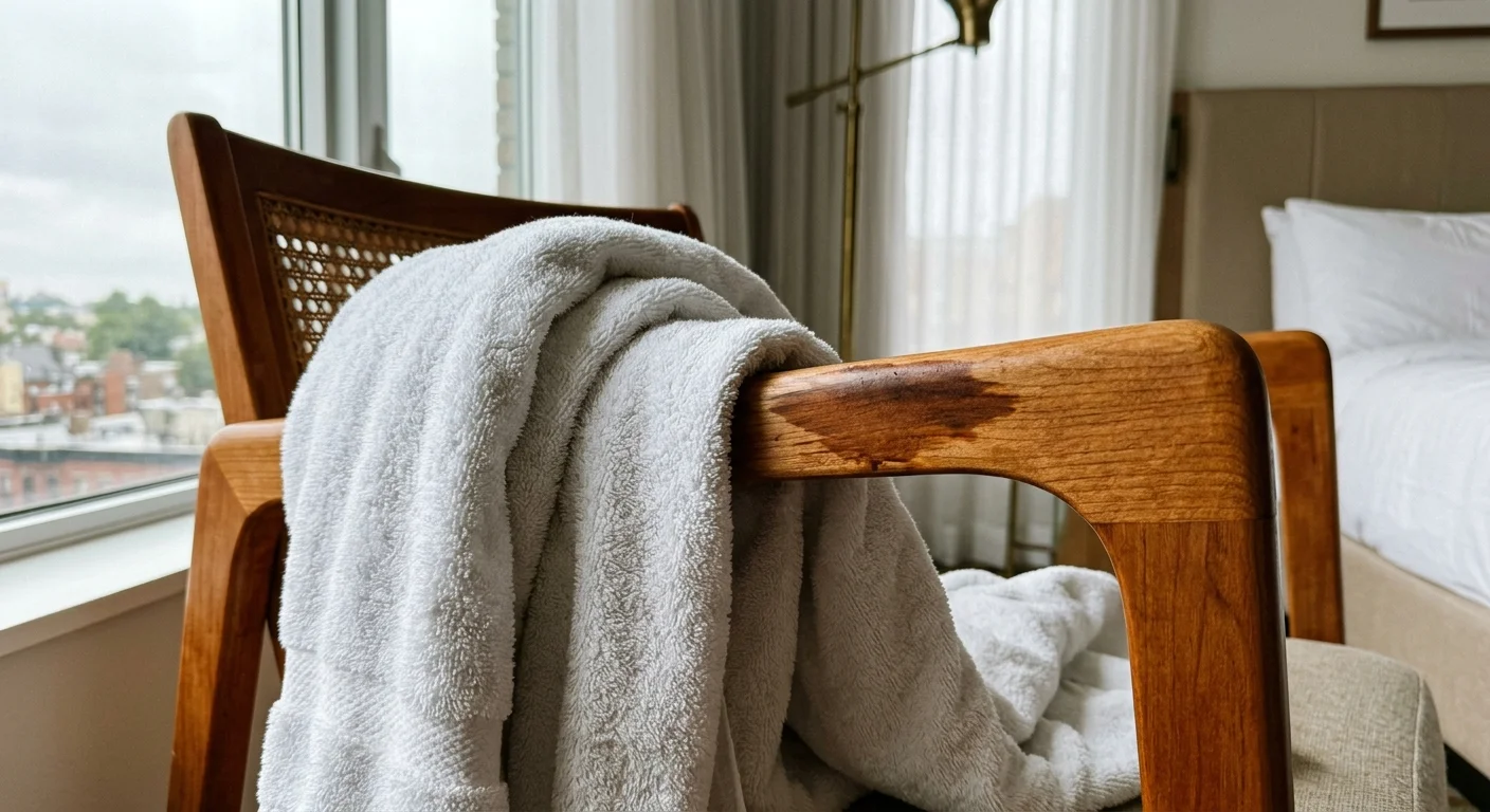 Wet white towels draped over a wooden armchair, leaving a dark moisture stain on the wood finish.