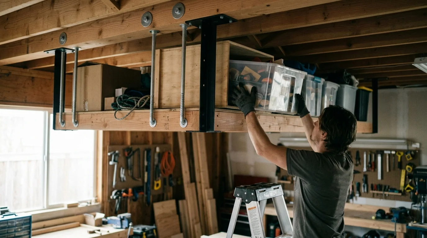 2. Ceiling-Mounted Overhead Racks with Structural Lag Anchors