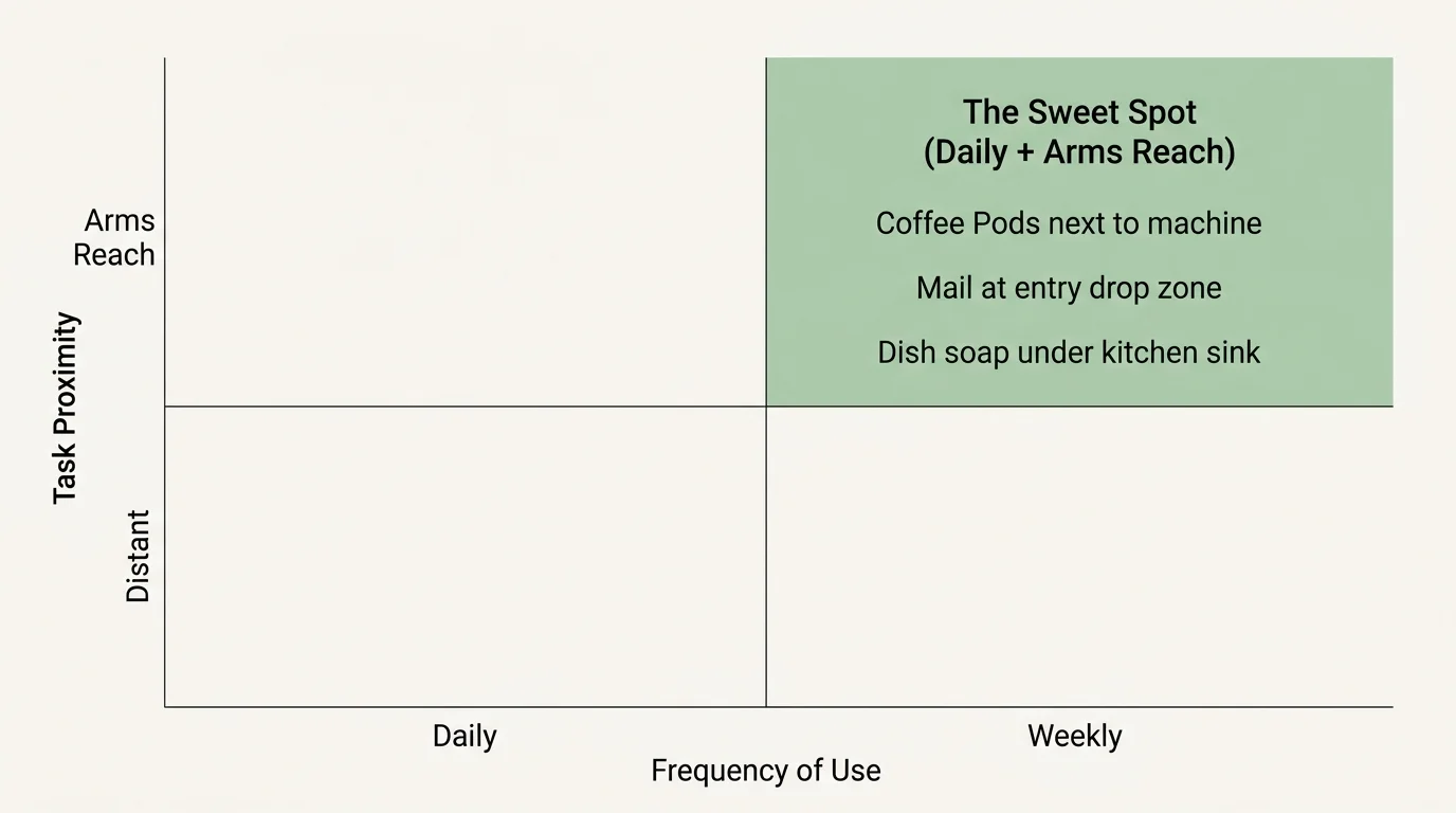 A 2x2 matrix diagram showing daily versus weekly frequency and arms-reach versus distant storage placements.