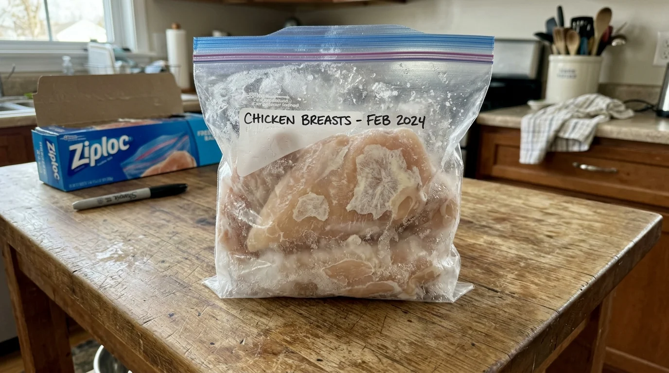 A bag of frozen raw chicken breasts on a kitchen counter, showing white patches of freezer burn inside the plastic.