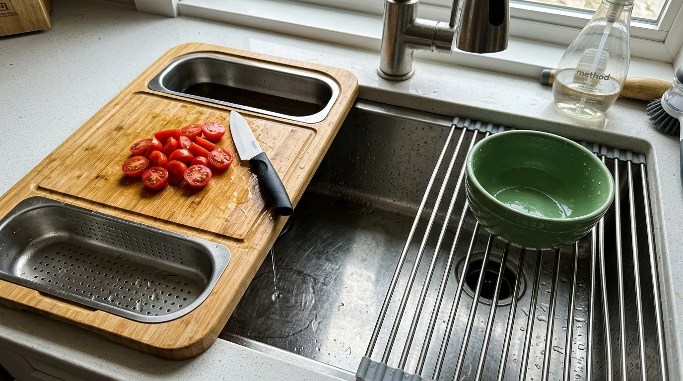 A bamboo cutting board and a roll-up drying rack positioned over a kitchen sink to expand workspace.
