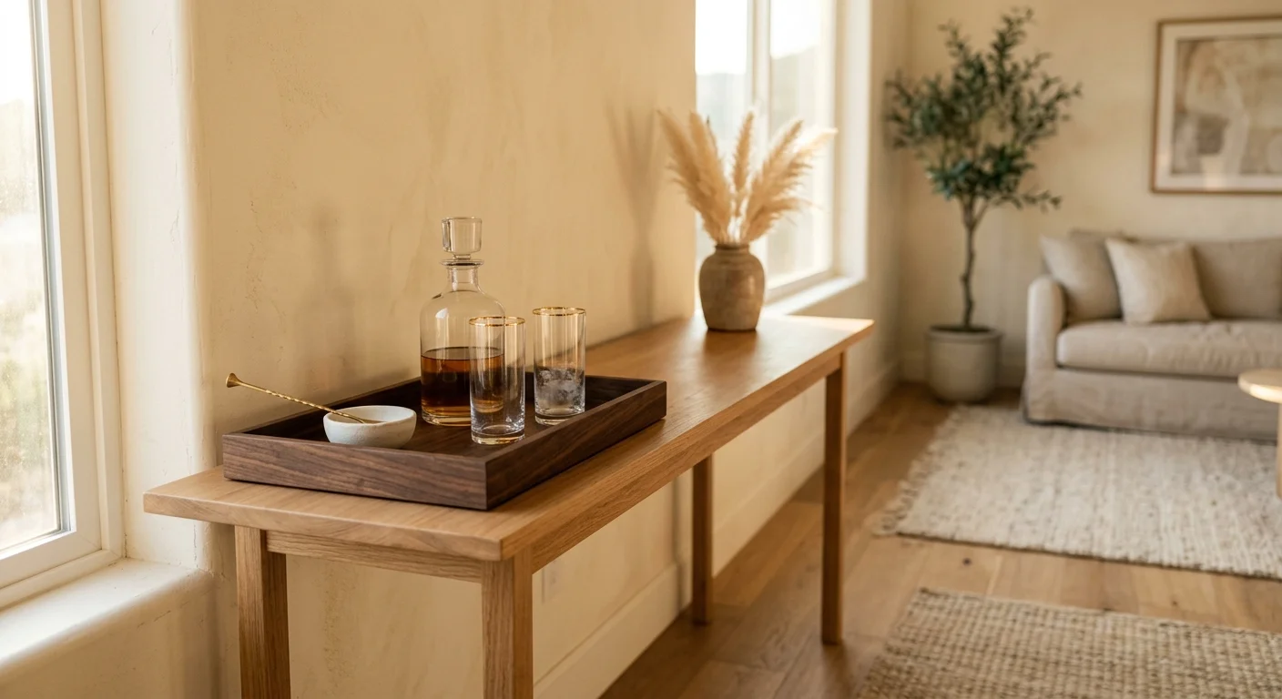A beautiful walnut serving tray holding decanters and glasses on top of a clean wooden console table.