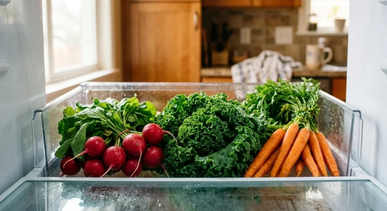 A beautifully organized refrigerator crisper drawer filled with vibrant, fresh, crisp vegetables in natural morning light.