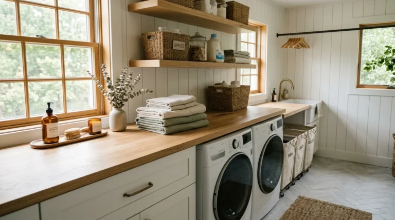 A bright, organized laundry room featuring a butcher block folding counter over front-loading machines with clean folded linens.