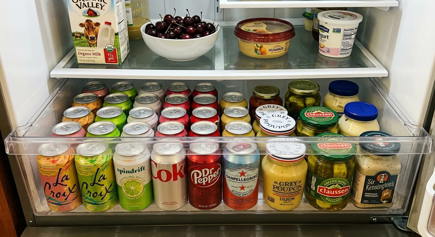 A bright refrigerator drawer neatly repurposed to store colorful beverage cans and condiment jars instead of produce.