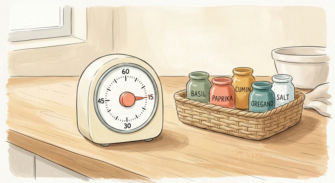 A charming gouache illustration of a retro kitchen timer set to 15 minutes next to a neatly organized basket of spices.