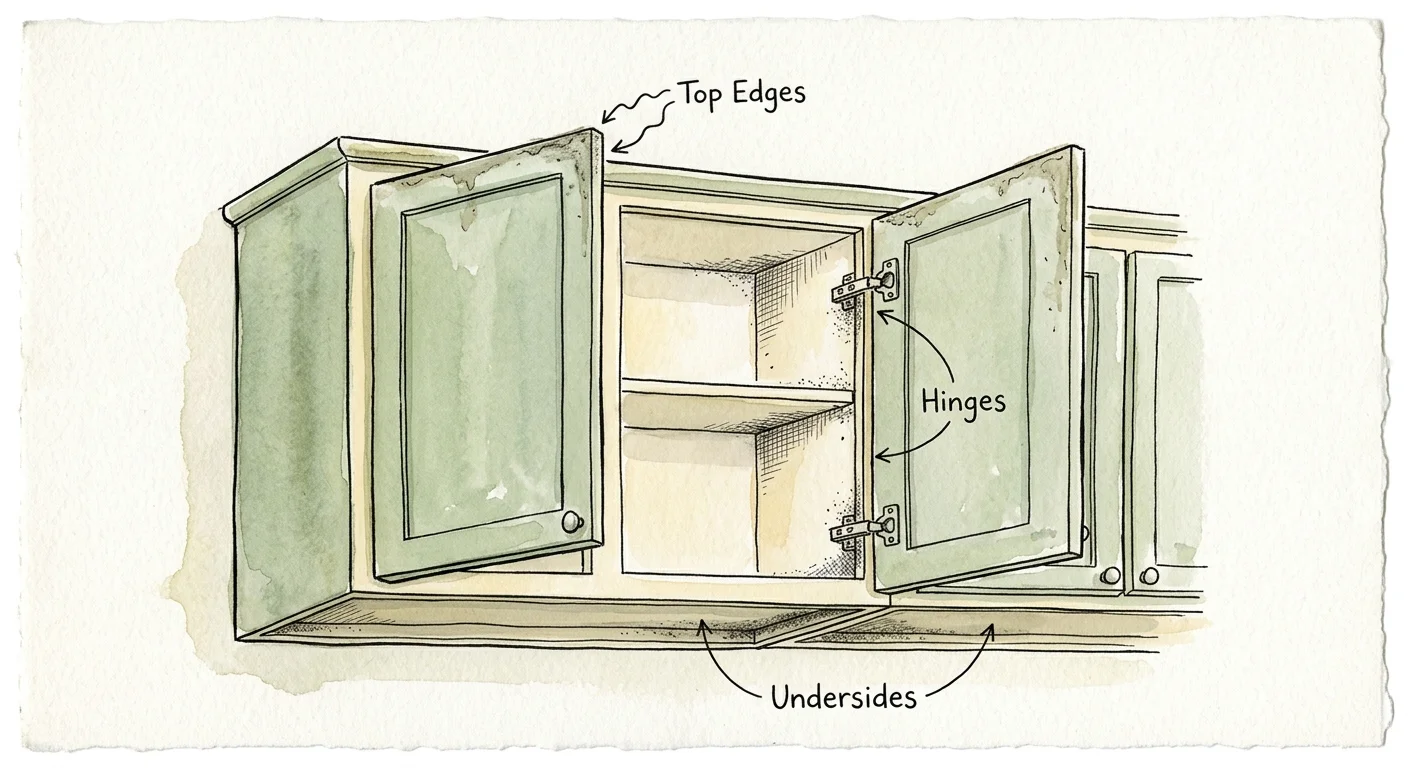 A charming watercolor illustration of a kitchen cabinet cross-section, highlighting forgotten cleaning spots like hinges and undersides.