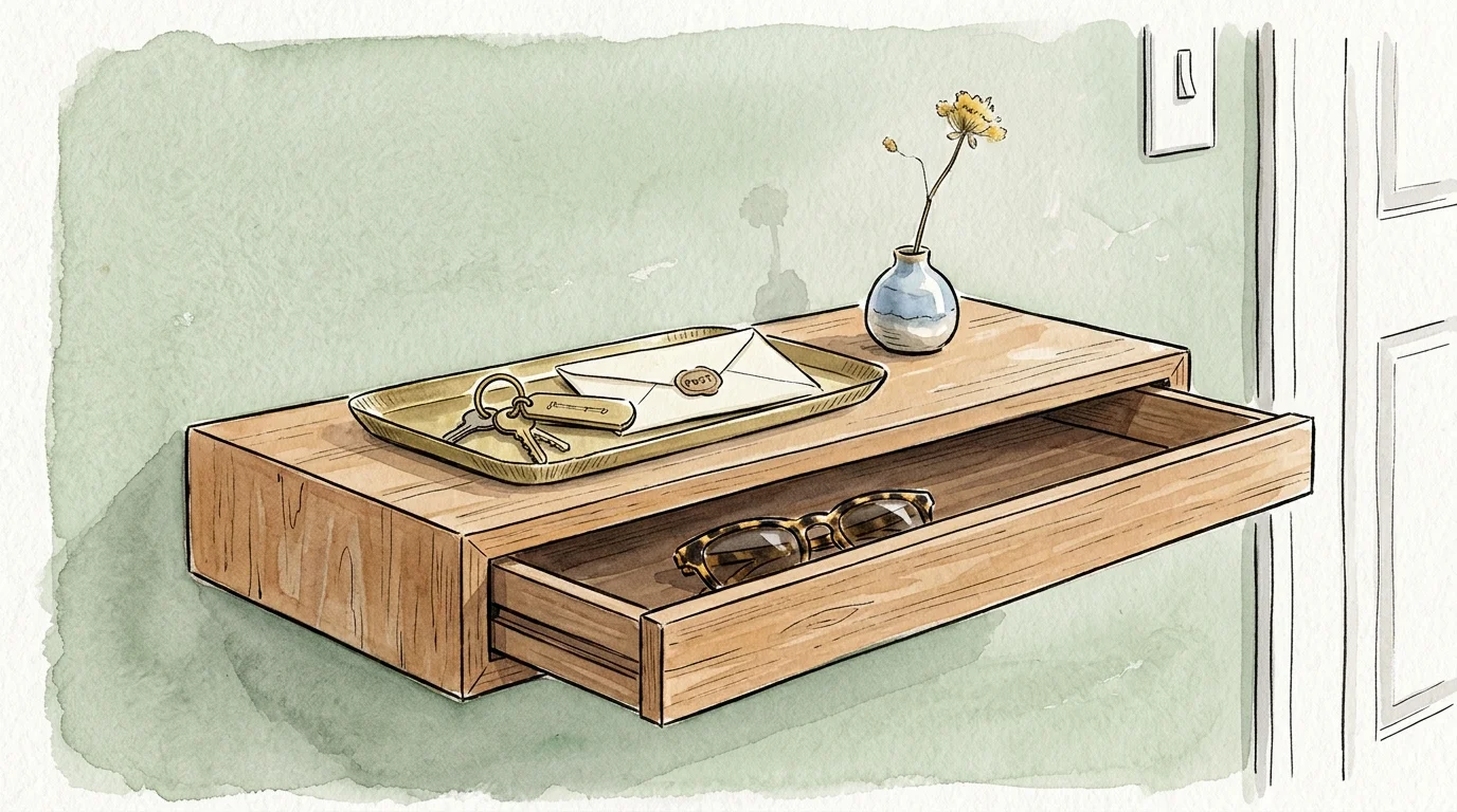 A charming watercolor illustration of a shallow wooden floating console with a brass key tray and a partially open drawer showing sunglasses
