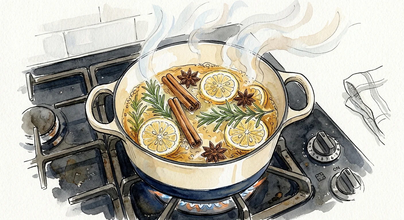 A charming watercolor illustration of a stovetop simmer pot filled with lemon slices, cinnamon sticks, and rosemary releasing gentle steam.