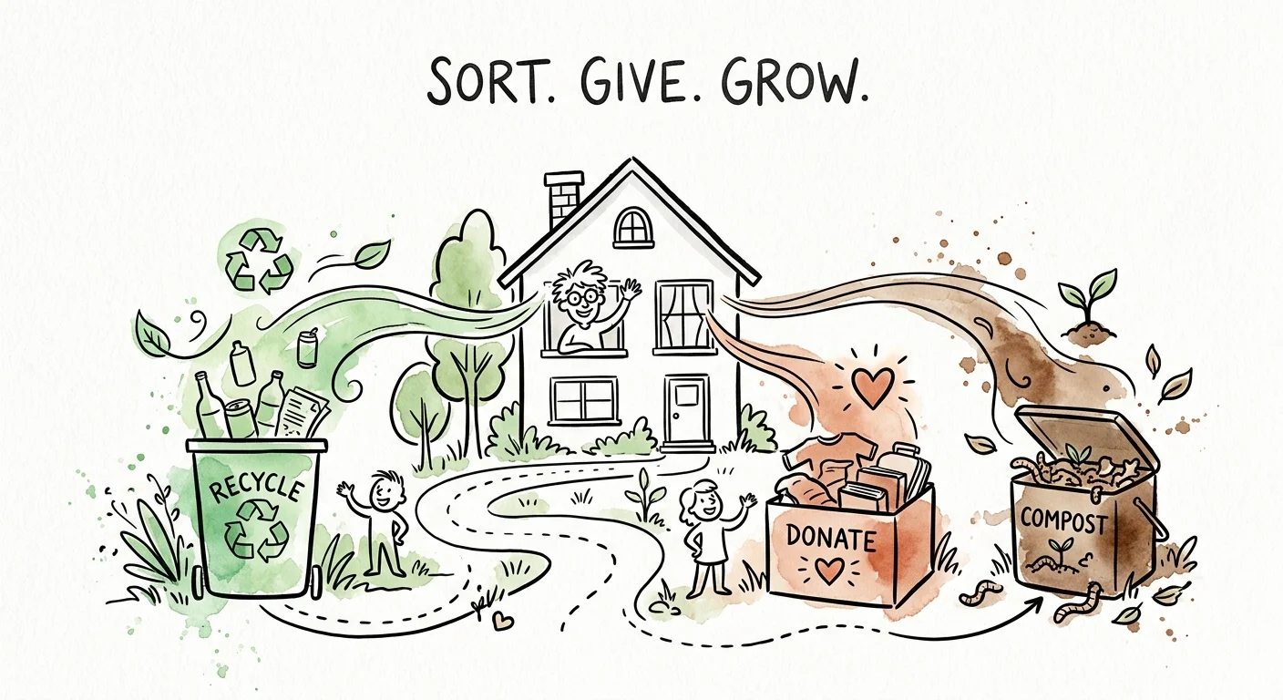 A cheerful ink and watercolor illustration depicting eco-friendly sorting paths from a home to recycling, donation, and compost.