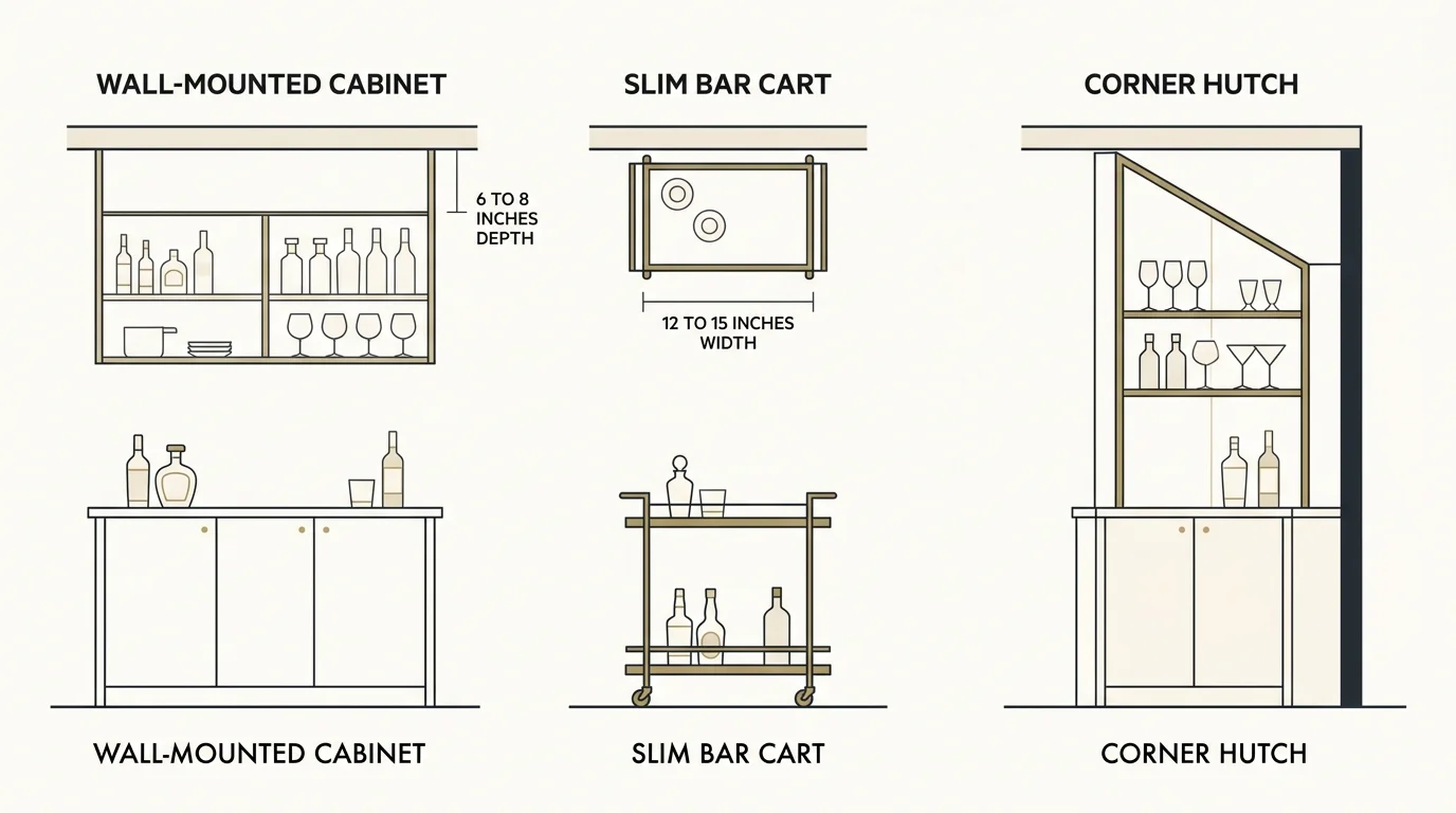 A clean architectural diagram comparing space dimensions for wall-mounted cabinets, slim carts, and corner hutches.