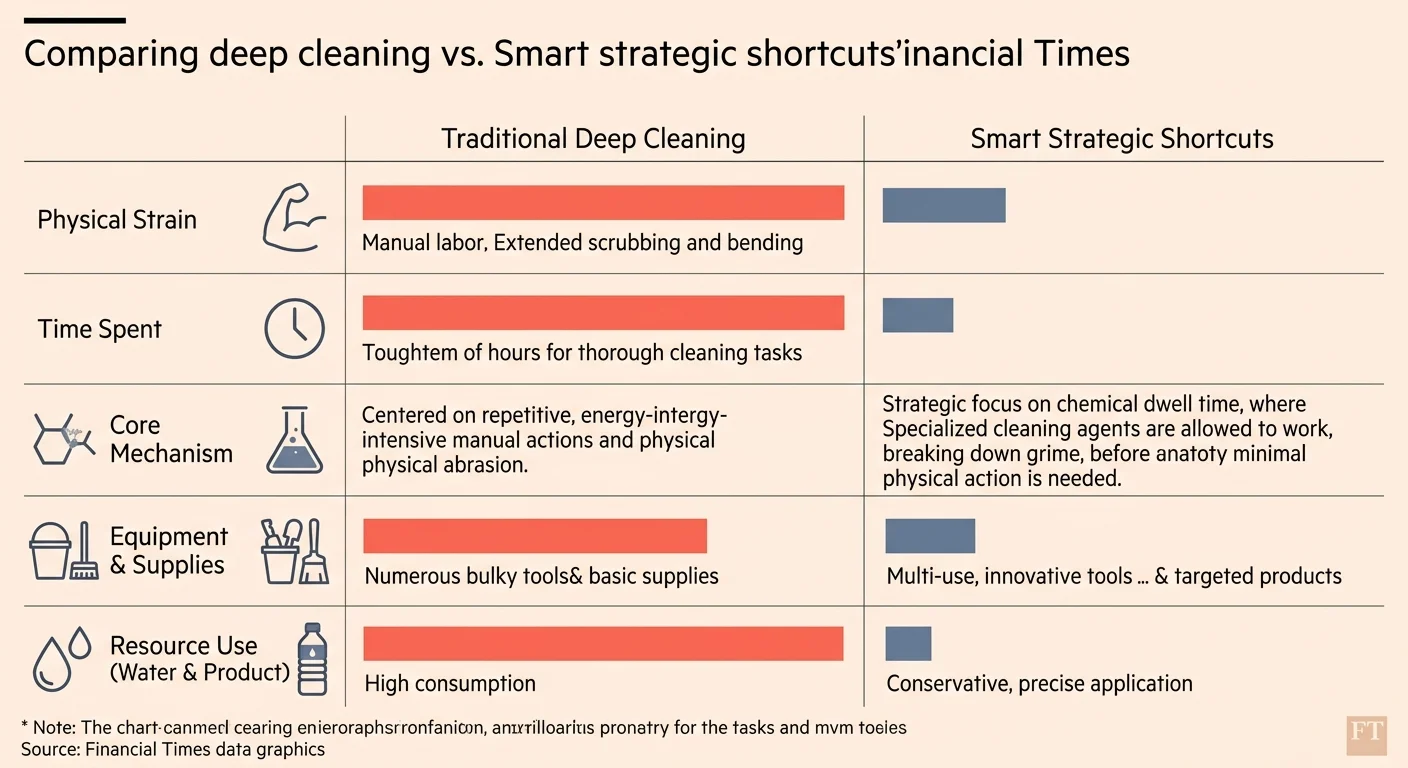 A clean data comparison chart contrasting traditional manual deep cleaning with smart, time-saving strategic shortcuts.