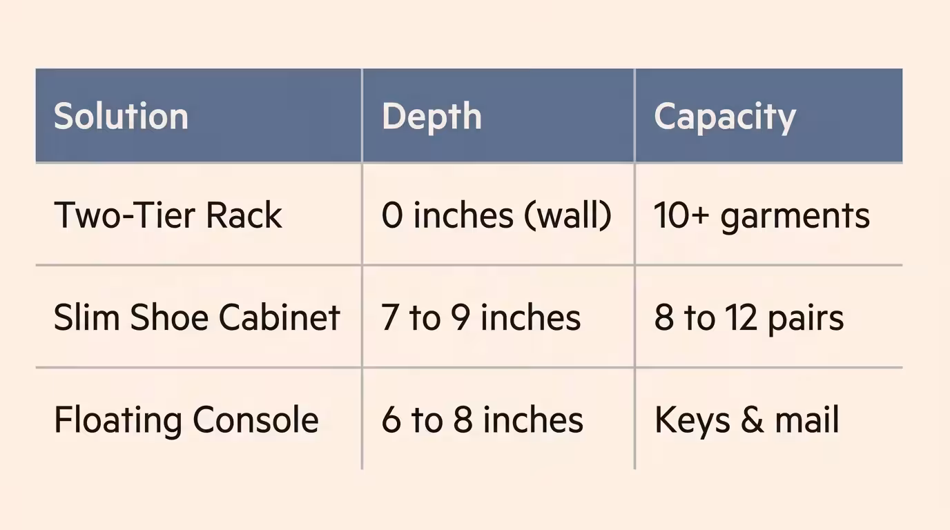 A clean editorial comparison chart displaying the depth and capacity of a two-tier rack, slim shoe cabinet, and floating console.