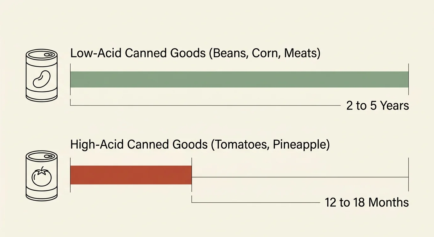 A clean editorial diagram showing shelf-life timelines for low-acid canned goods (2 to 5 years) and high-acid canned goods (12 to 18 months)