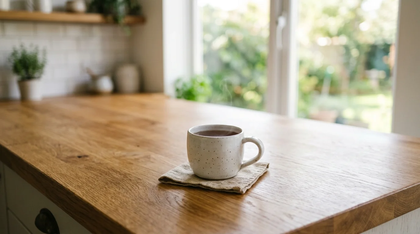 A clean, empty kitchen counter with a warm mug of tea, bathed in bright morning sunshine.