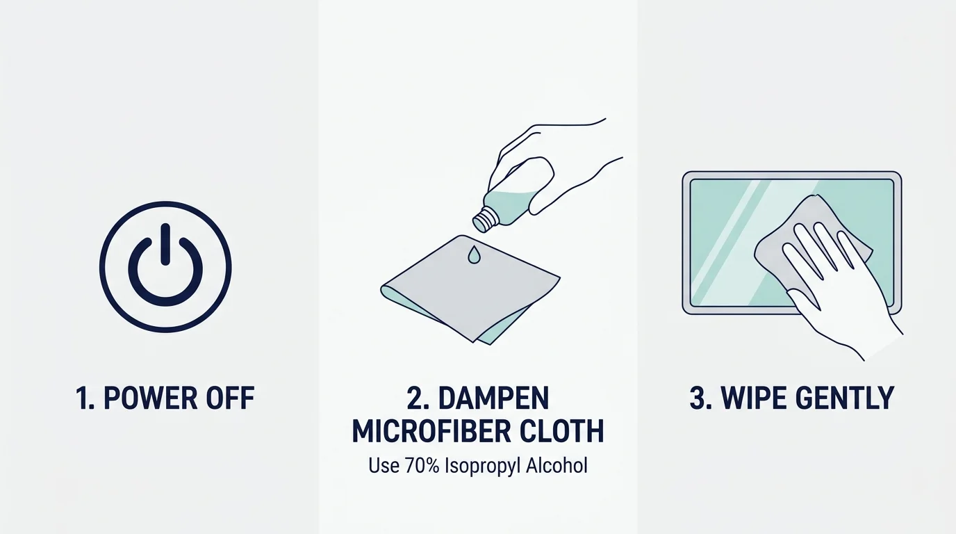 A clean, horizontal step-by-step infographic showing how to safely clean electronics with 70 percent isopropyl alcohol.