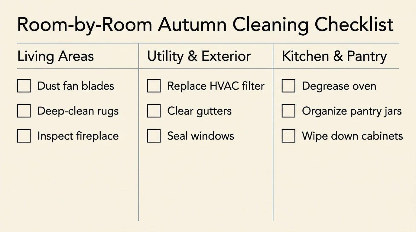 A clean, horizontal three-column room-by-room checklist diagram for autumn home cleaning and maintenance.