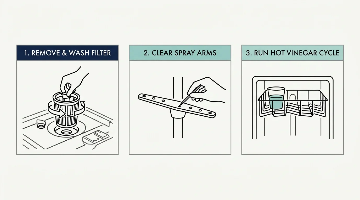 A clean, horizontal three-step infographic showing how to remove the filter, clean spray arms, and run a vinegar cycle.