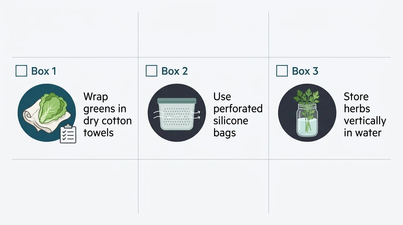 A clean infographic checklist showing alternative ways to store greens, herbs, and vegetables without a crisper drawer.