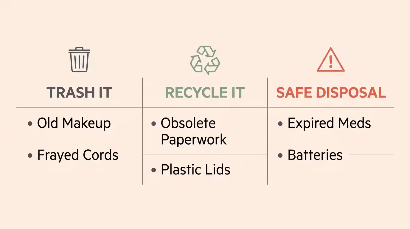 A clean infographic table categorizing items into Trash It, Recycle It, and Safe Disposal columns.