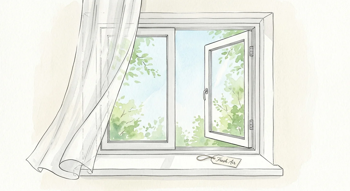 A clean ink and watercolor illustration of a wide-open, spotless window with a fresh breeze rustling a white linen curtain.