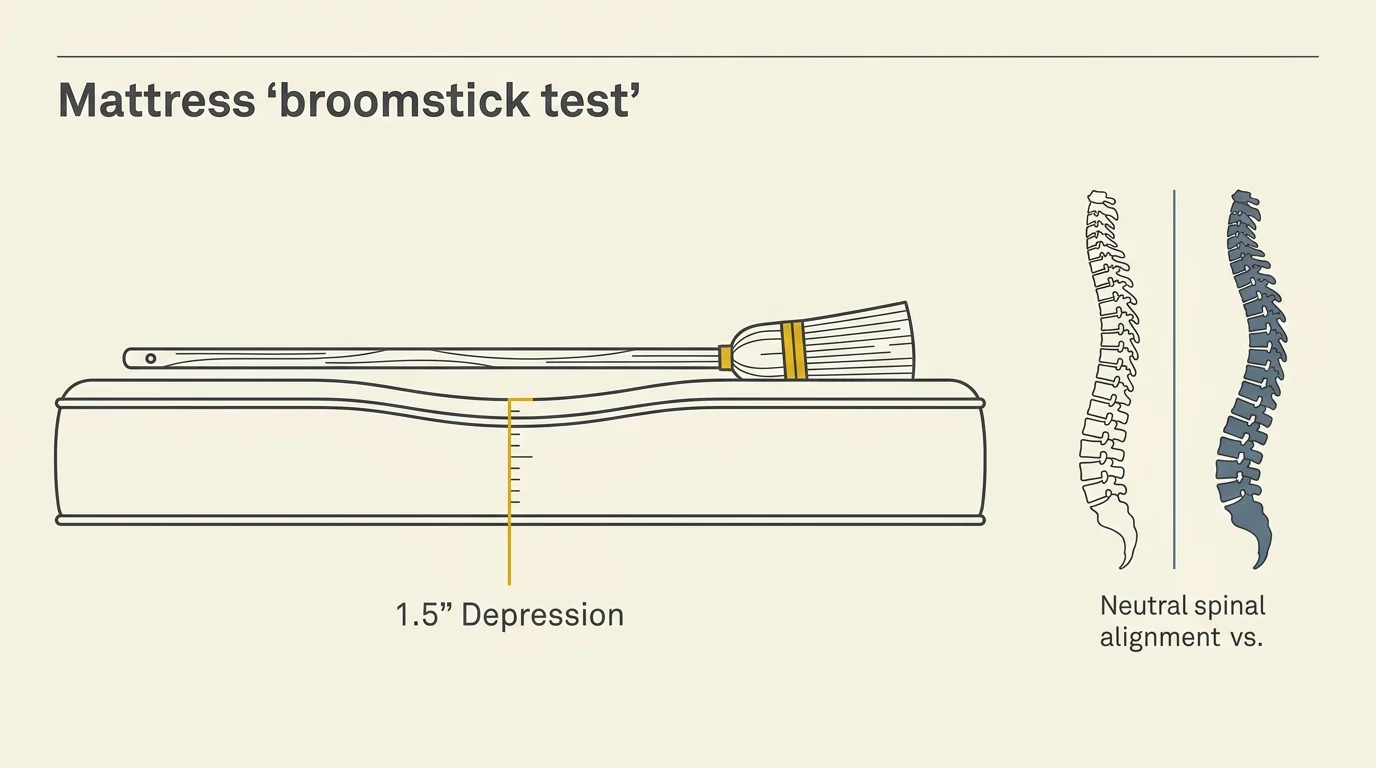 A clean line diagram demonstrating the broomstick test to measure a mattress sag of 1.5 inches.