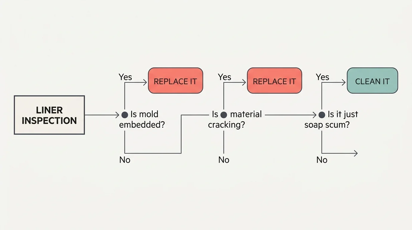 A clean, minimalist decision tree diagram guiding the user on whether to clean or replace a household liner based on its condition.