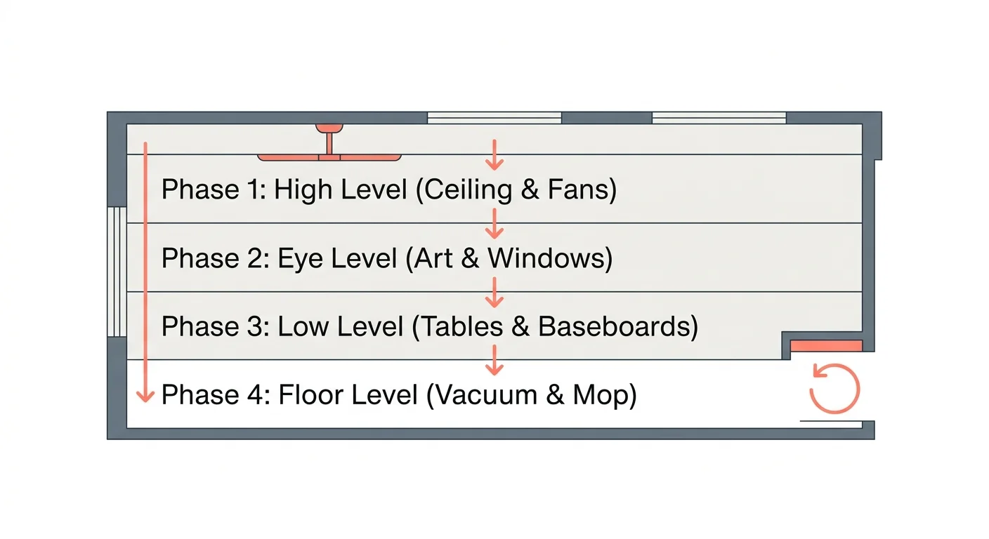 A clean, modern diagram illustrating a four-phase cleaning workflow from the ceiling down to the floor.